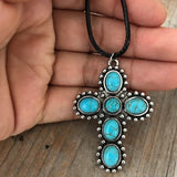 COLLAR BOHEMIO RÉTRO PLATA TON TURQUESA CRUZ COLGANTE