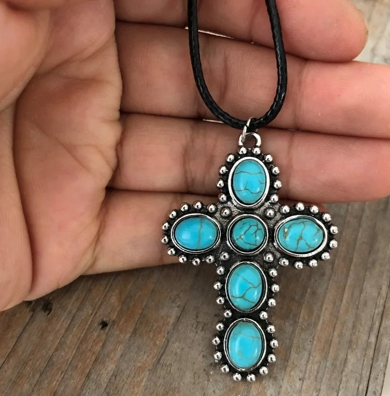 COLLAR BOHEMIO RÉTRO PLATA TON TURQUESA CRUZ COLGANTE