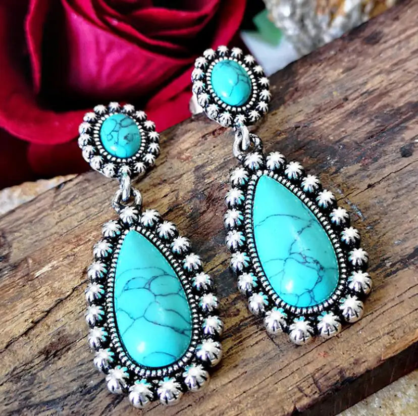 PENDIENTES ELEGANTE VINTAGE PLATA TON TURQUESA COLGANTE