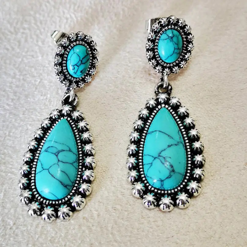 PENDIENTES ELEGANTE VINTAGE PLATA TON TURQUESA COLGANTE