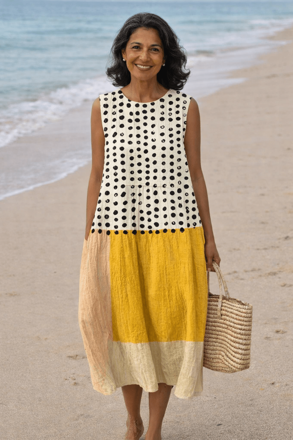 VESTIDO MIDI CON BLOQUES DE COLOR Y LUNARES - VALERINA MARBELLA