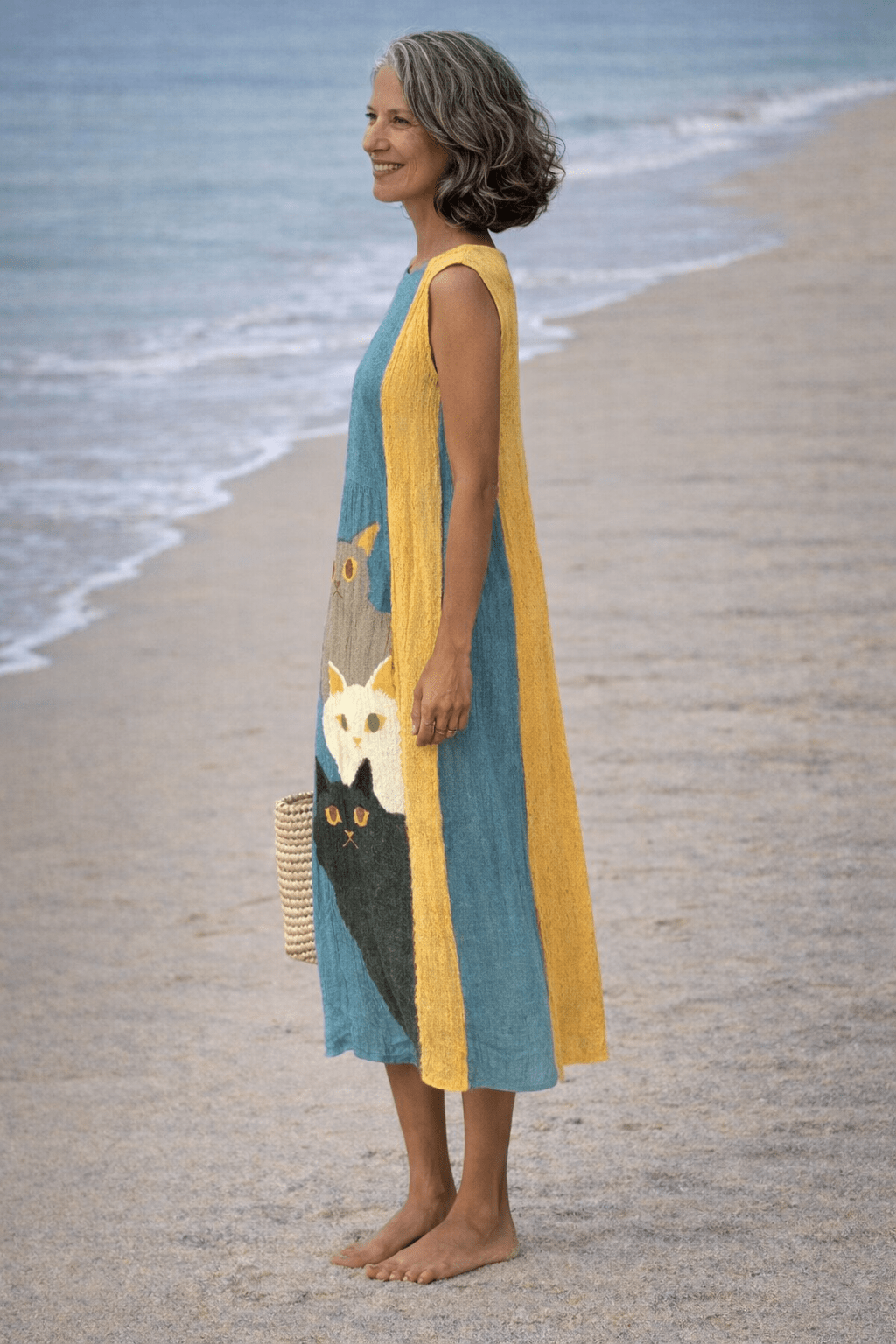 VESTIDO VINTAGE CON ESTAMPADO ARTÍSTICO DE GATOS - VALERINA MARBELLA