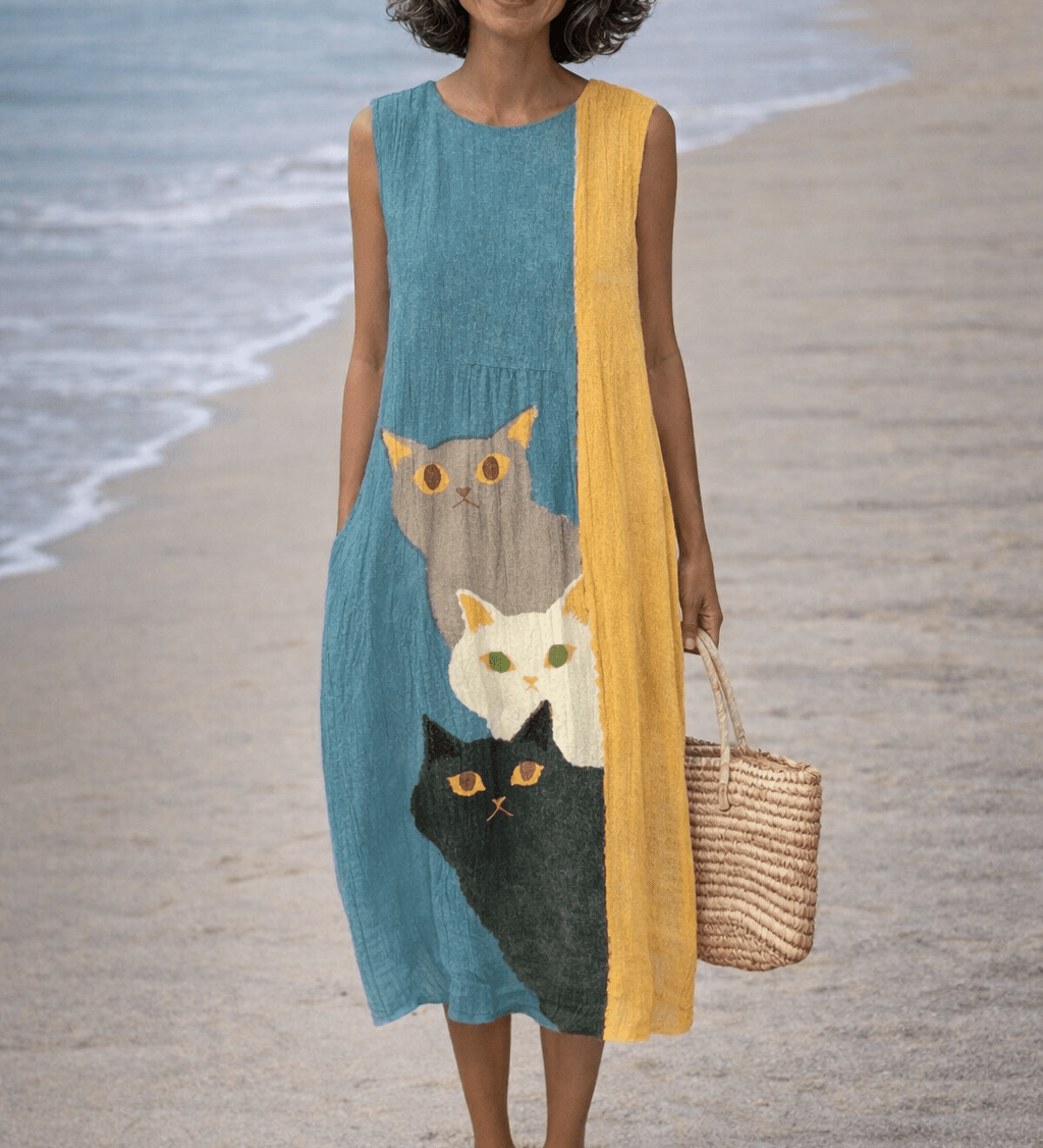 VESTIDO VINTAGE CON ESTAMPADO ARTÍSTICO DE GATOS - VALERINA MARBELLA