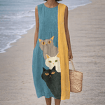 VESTIDO VINTAGE CON ESTAMPADO ARTÍSTICO DE GATOS - VALERINA MARBELLA