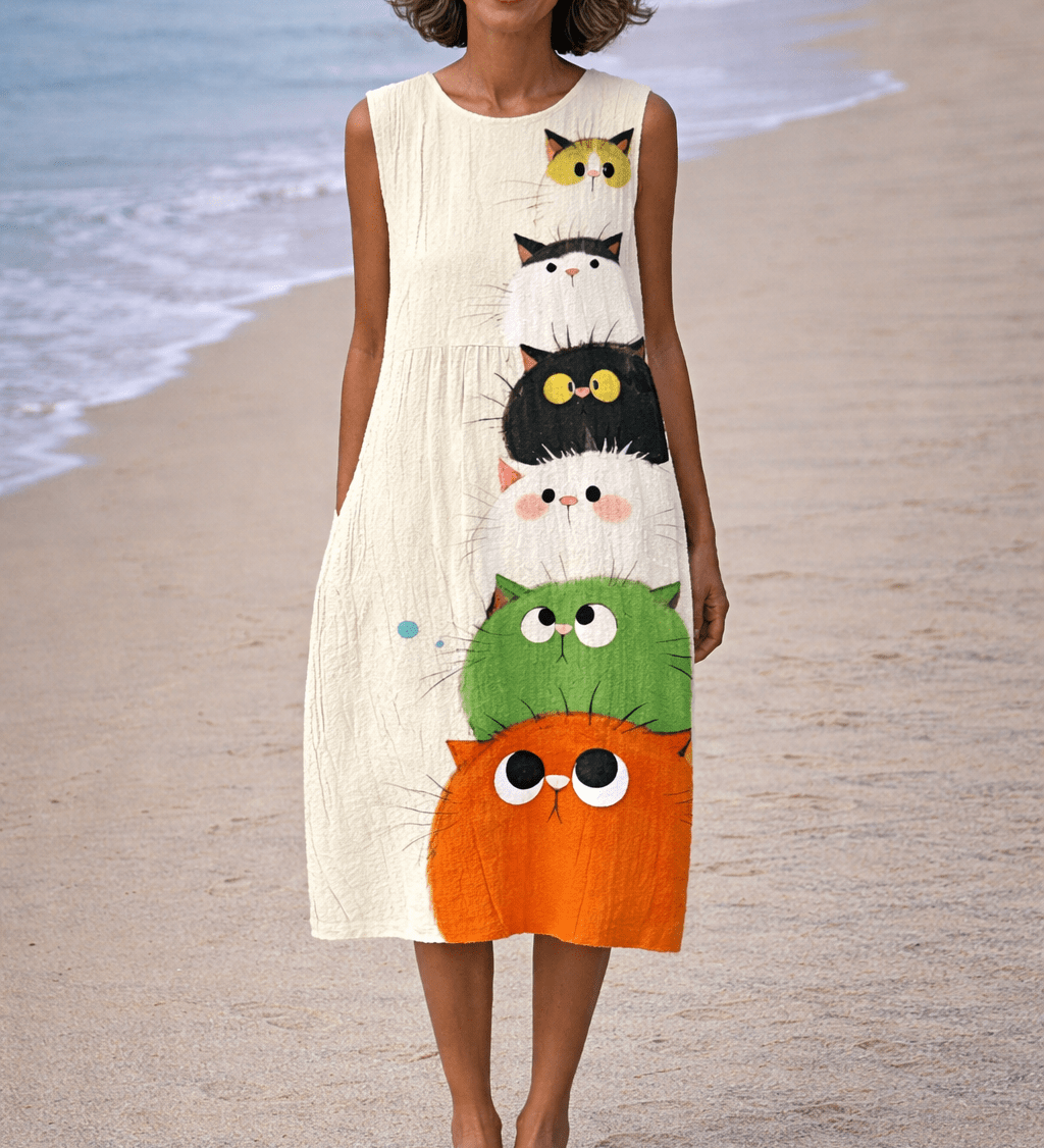 VESTIDO MIDI CON GATO DIBUJADO - VALERINA MARBELLA