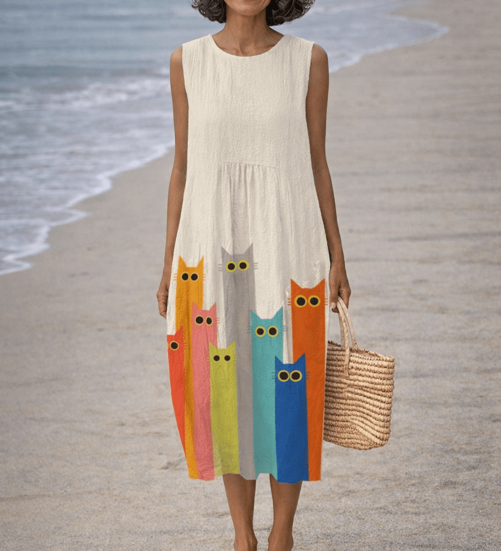 VESTIDO MIDI CON GATOS COLORIDOS - VALERINA MARBELLA