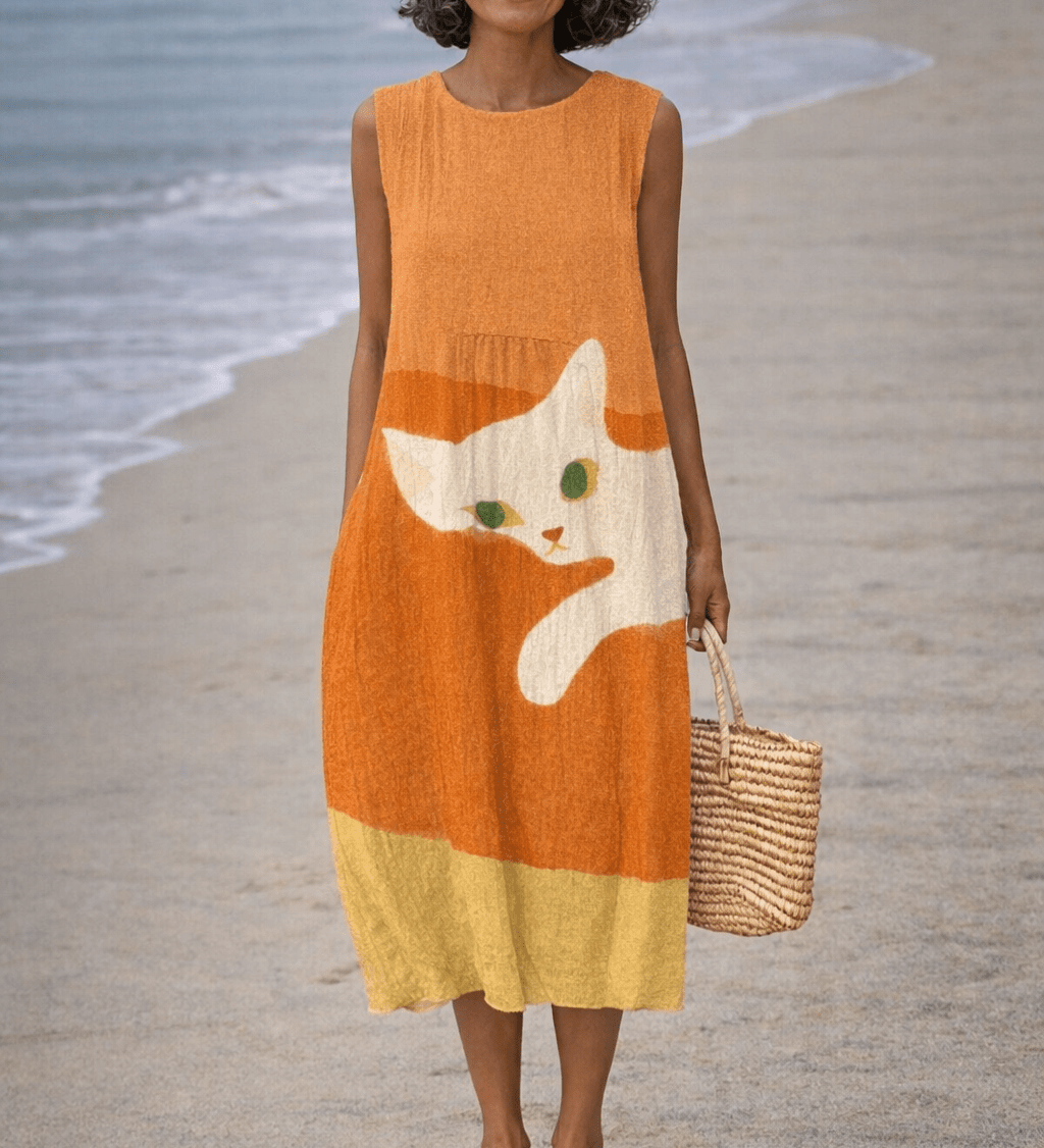 VESTIDO MIDI CON ESTAMPADO DE GATOS ENCANTADOR - VALERINA MARBELLA