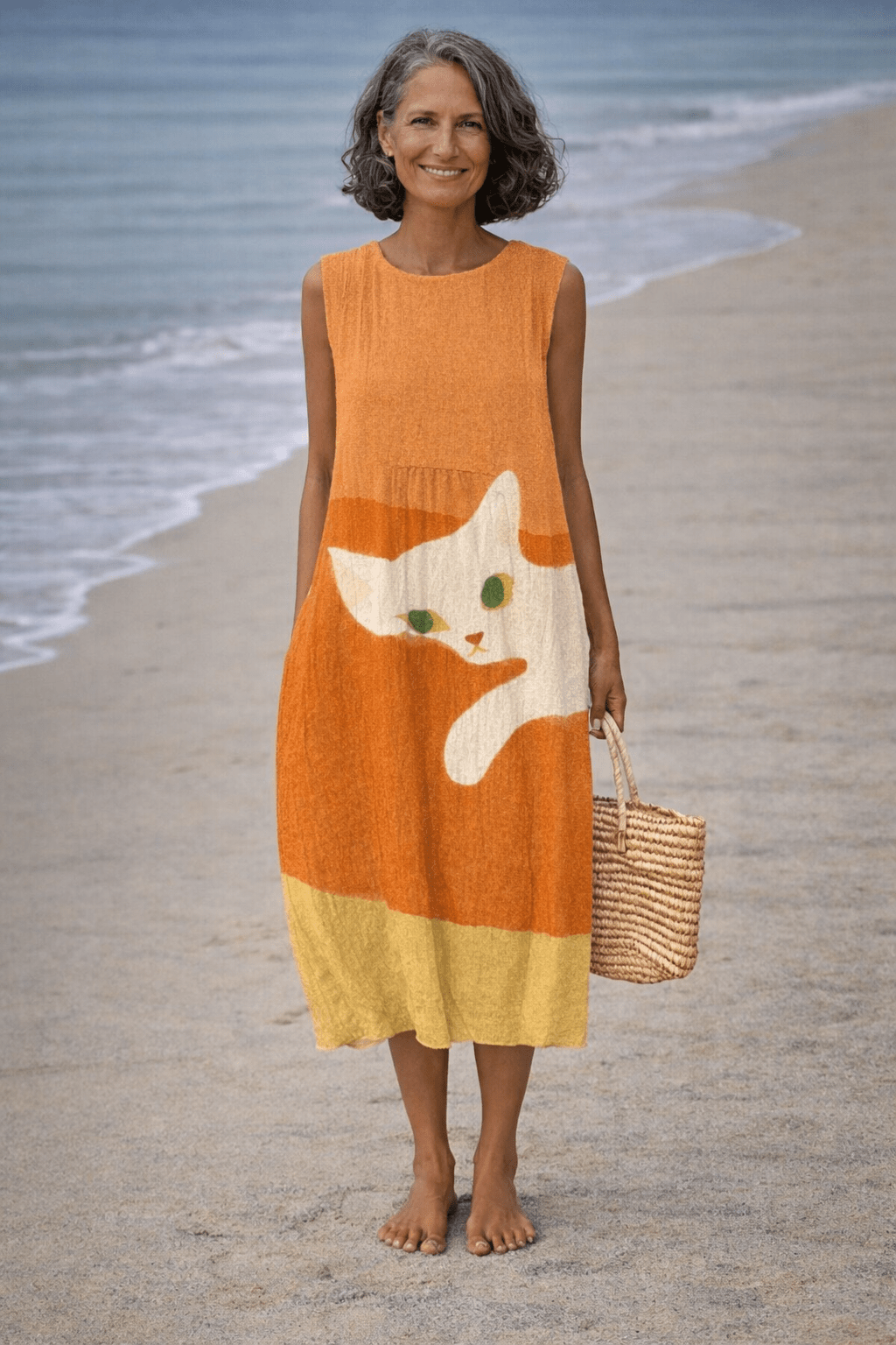 VESTIDO MIDI CON ESTAMPADO DE GATOS ENCANTADOR - VALERINA MARBELLA