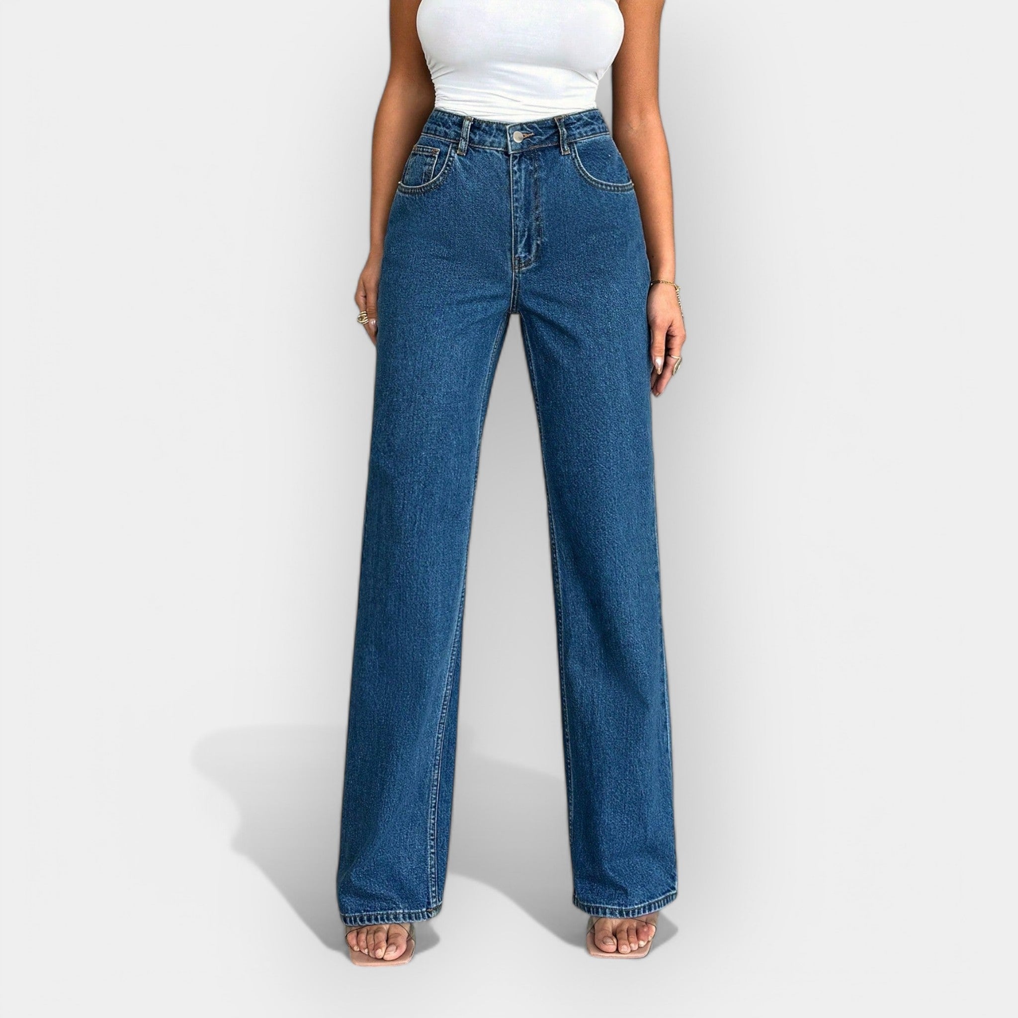 JEANS DE CINTURA ALTA Y PIERNA LARGA