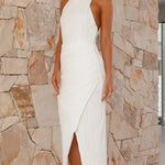 Katherina Elegant Pleated Asymmetrical Front Maxi Dress