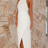 Katherina Elegant Pleated Asymmetrical Front Maxi Dress