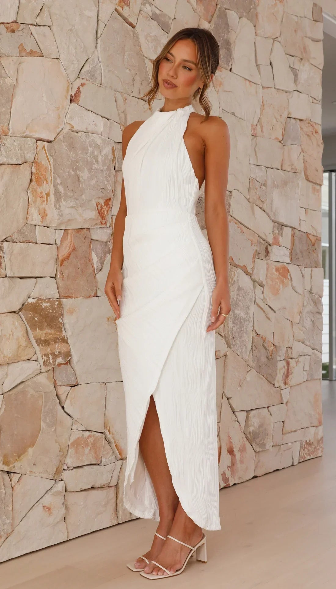 Katherina Elegant Pleated Asymmetrical Front Maxi Dress
