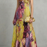 Lunézia – Watercolor floral pleats – Flowing maxi dress