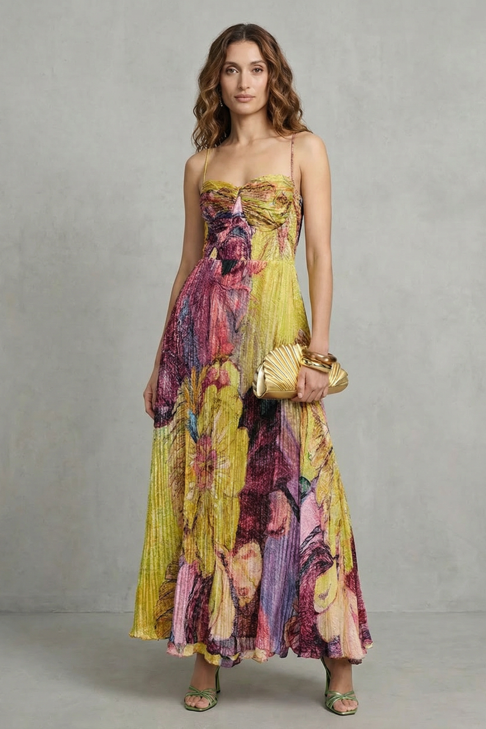 Lunézia – Watercolor floral pleats – Flowing maxi dress
