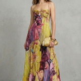 Lunézia – Watercolor floral pleats – Flowing maxi dress