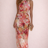 VESTIDO MAXI HALTER FLORAL DE CHIFÓN ROJO
