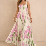 VESTIDO MAXI PLISADO DE CHIFÓN FLORAL BLANCO