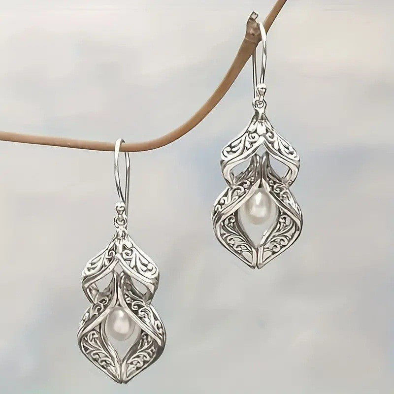 PENDIENTES VINTAGE BOHEMIO SCULPTÉ MOTIVO IMITATION PERLA COLGANTE