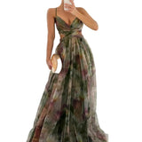 Elegant Painted Floral Print V-Neck A-Line Maxi Dress