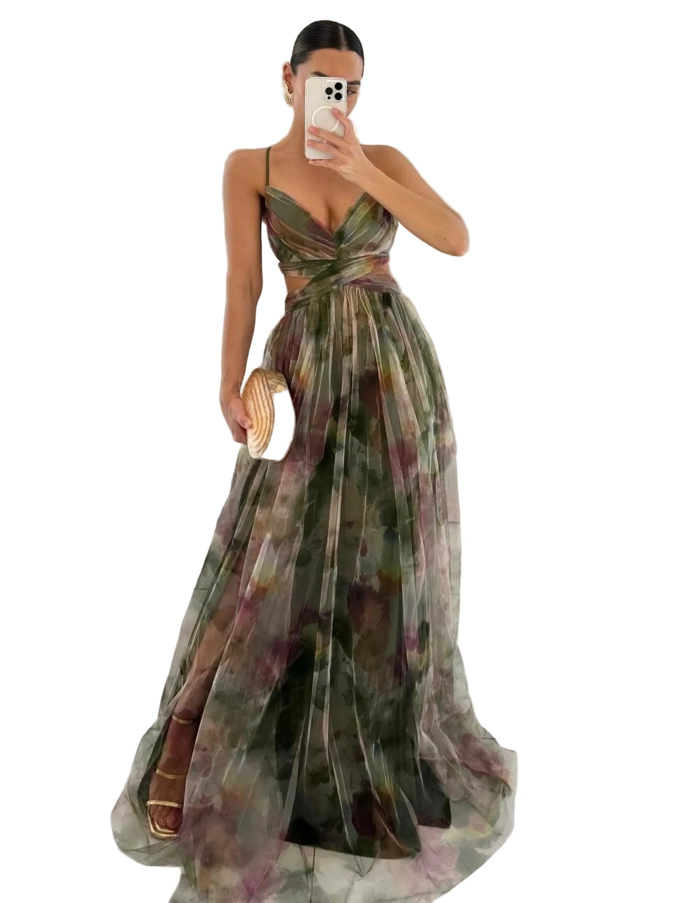 Elegant Painted Floral Print V-Neck A-Line Maxi Dress