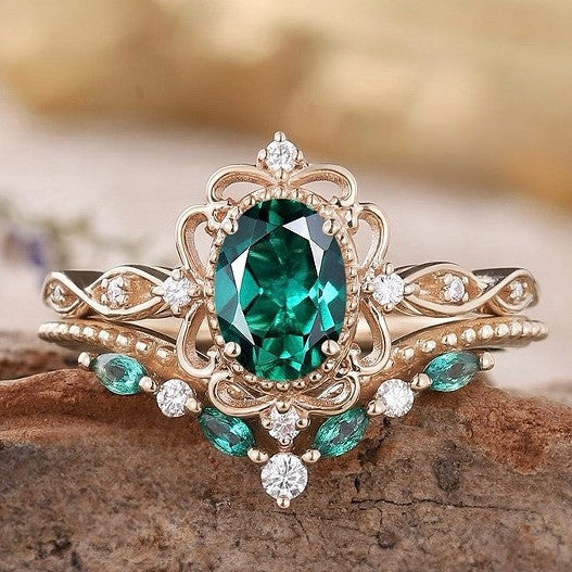 CONJUNTO AURELLE ESMERALDA CORONA ANILLO | ORO ROSA