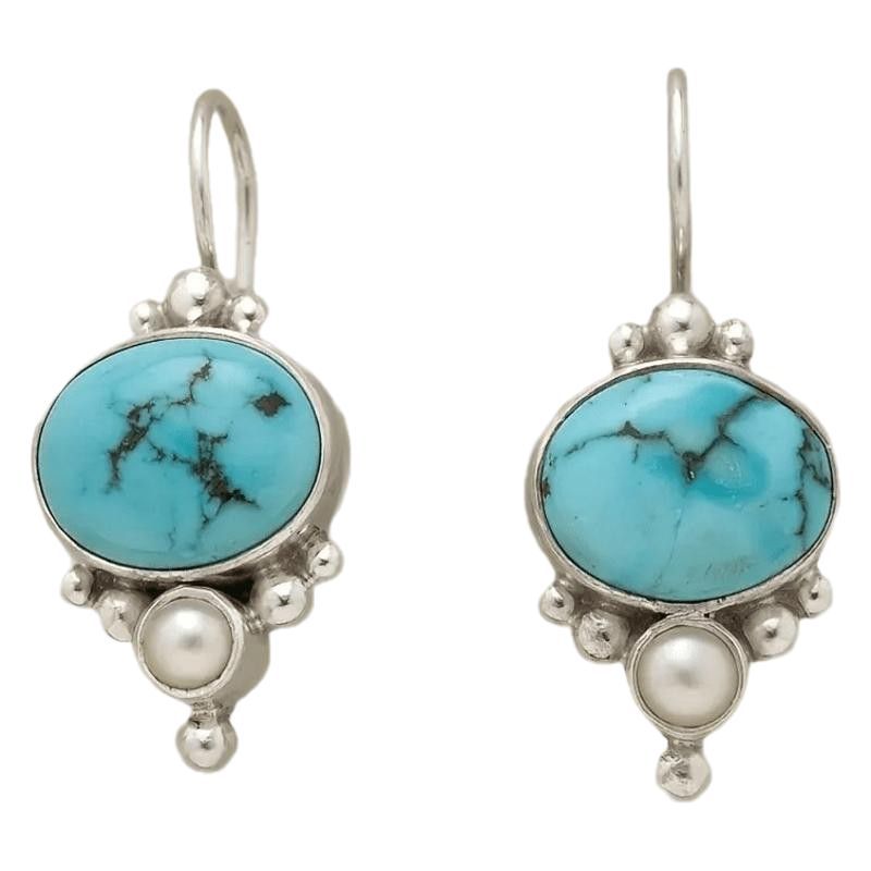 PENDIENTES VINTAGE PLATA PLAQUÉ TURQUESA & PERLA GOTA
