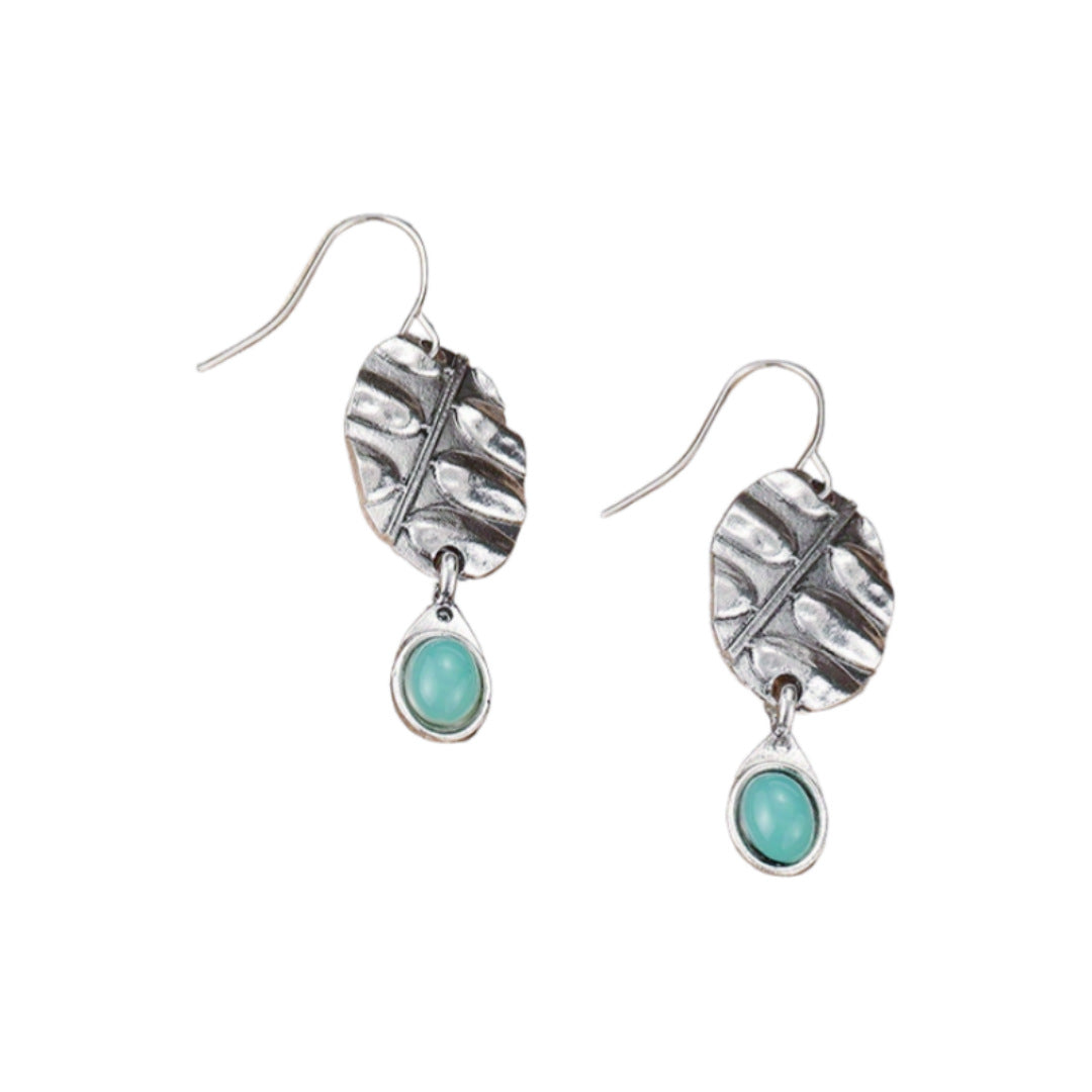 PENDIENTES VINTAGE BOTANIQUE TURQUESA ÓVALO FEUILLE GOTA