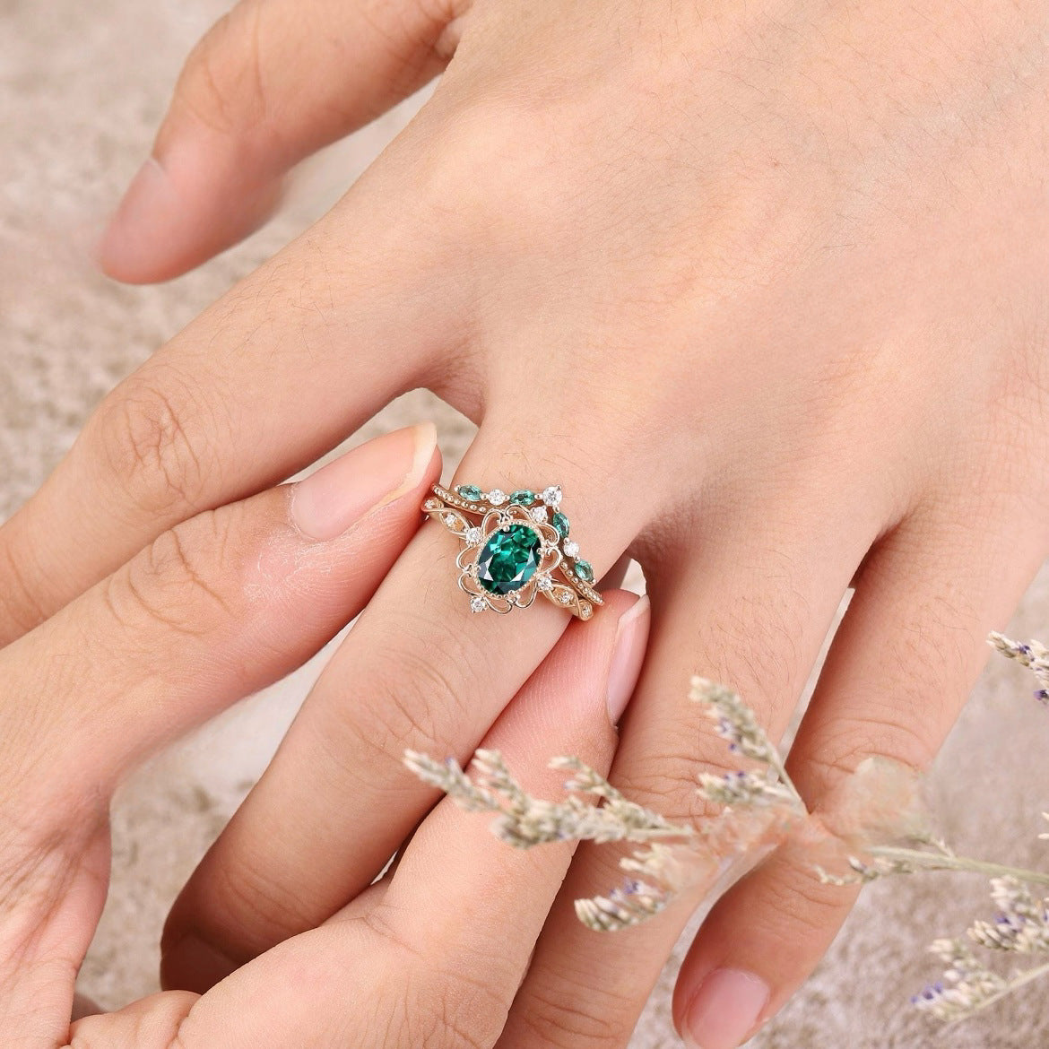 CONJUNTO AURELLE ESMERALDA CORONA ANILLO | ORO ROSA