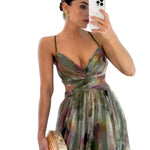 Elegant Painted Floral Print V-Neck A-Line Maxi Dress