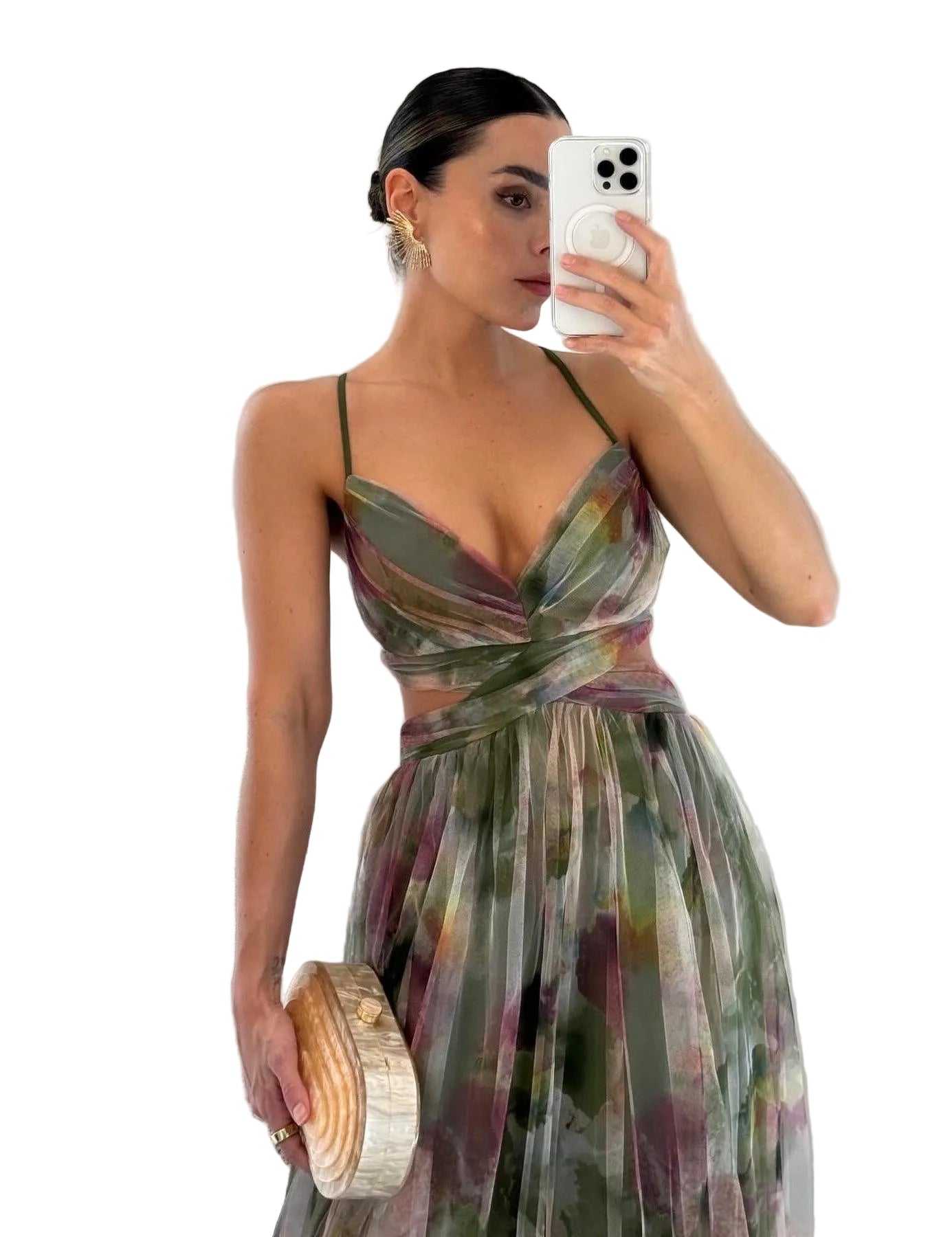 Elegant Painted Floral Print V-Neck A-Line Maxi Dress