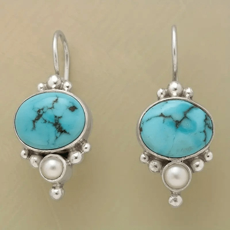 PENDIENTES VINTAGE PLATA PLAQUÉ TURQUESA & PERLA GOTA