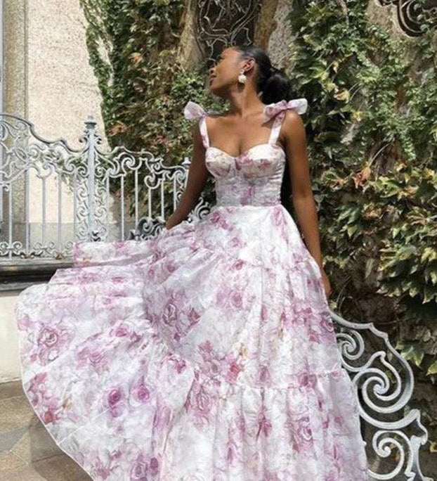Organza Floral Print Tie Strap Maxi Dress