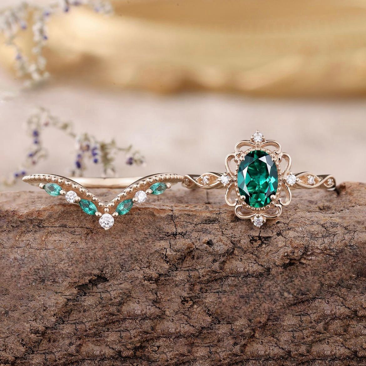 CONJUNTO AURELLE ESMERALDA CORONA ANILLO | ORO ROSA