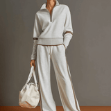 Retro Sporty Webbing Grey-white Half-zip Sweatshirt And Wide-leg Pants Set
