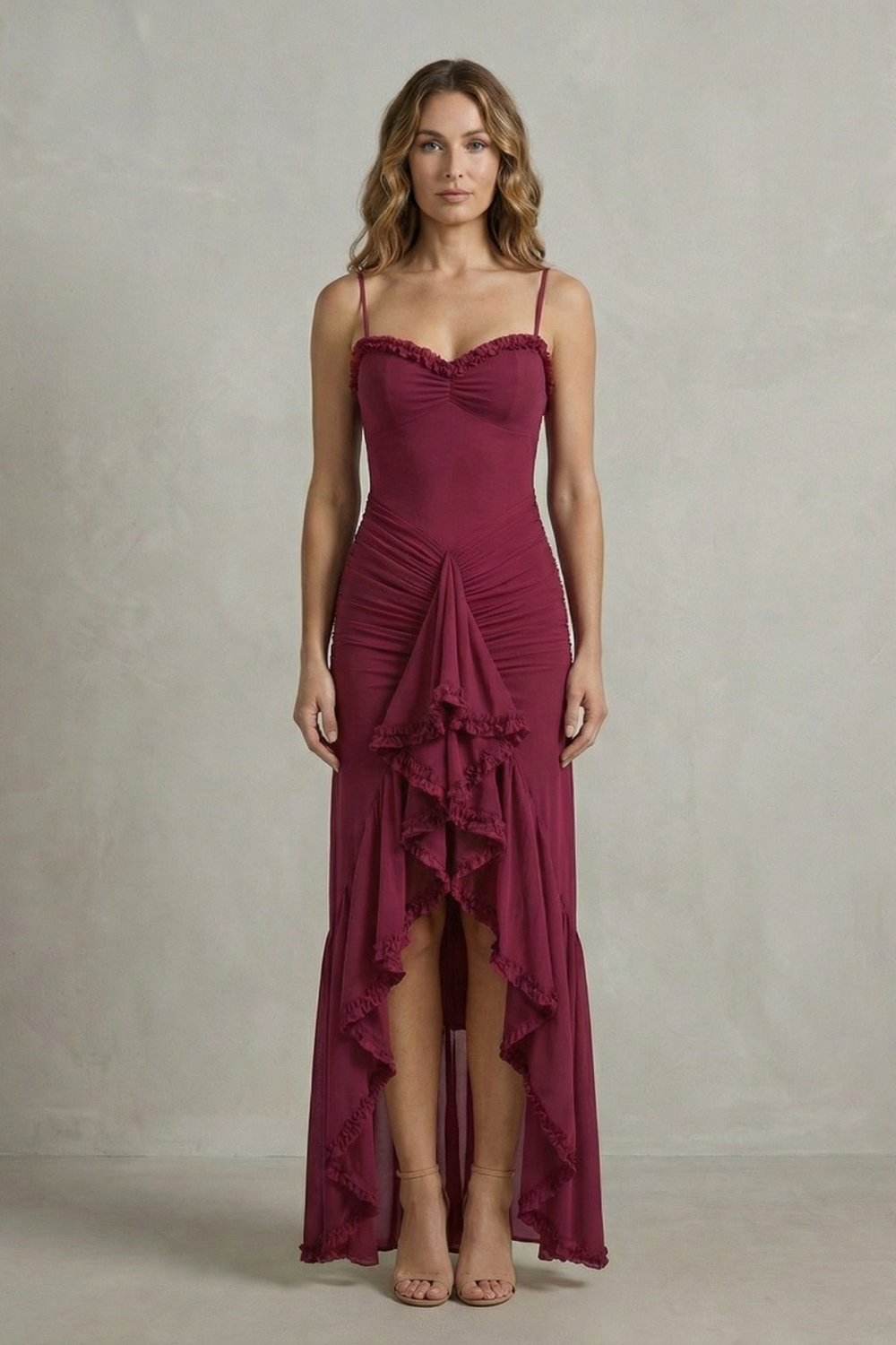 Phoebe – Feminine ruffle allure – Sleeveless high low maxi dress
