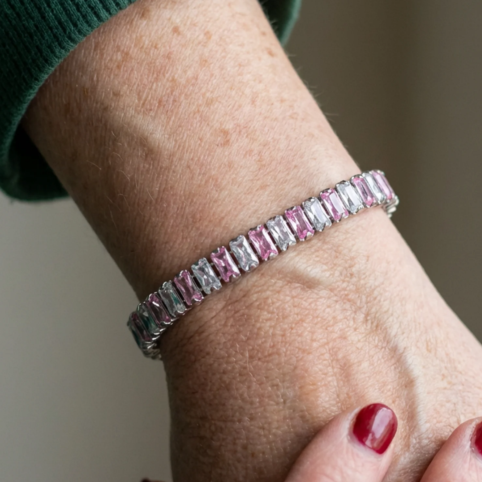 PULSERA ROSA LISTADA TENIS | ORO BLANCO
