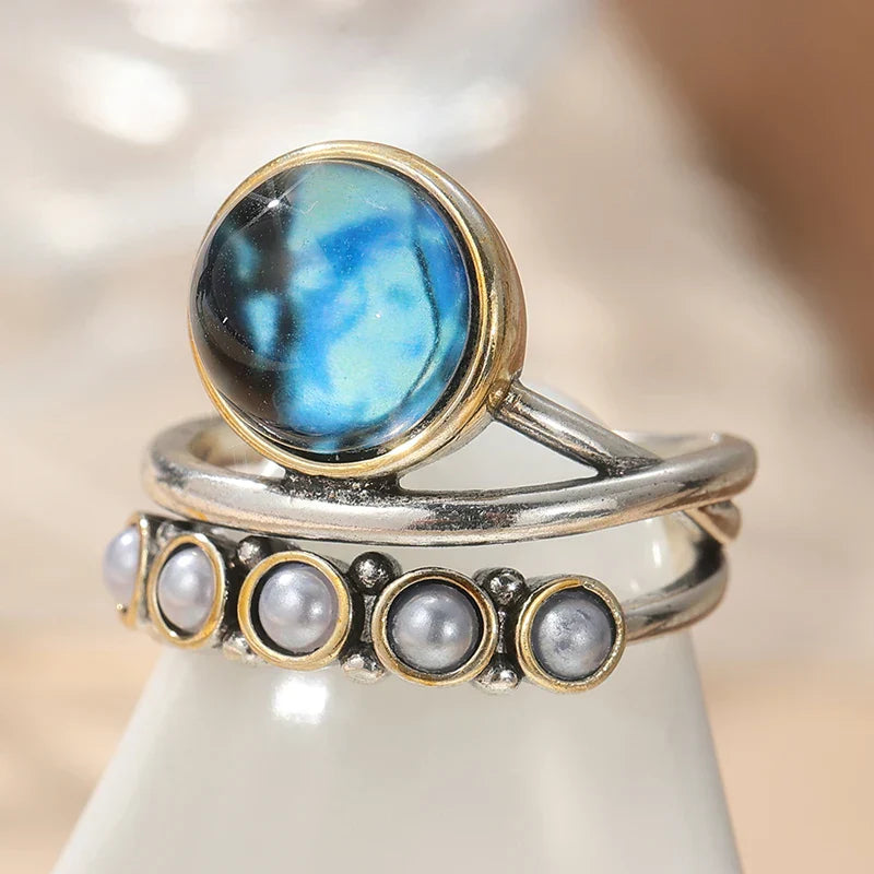 ANILLO OCÉAN AZUL NACRE ABALONE & PERLA À EMPILER