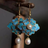 PENDIENTES VINTAGE AZUL ÉMAIL FLOR PERLA GOTA