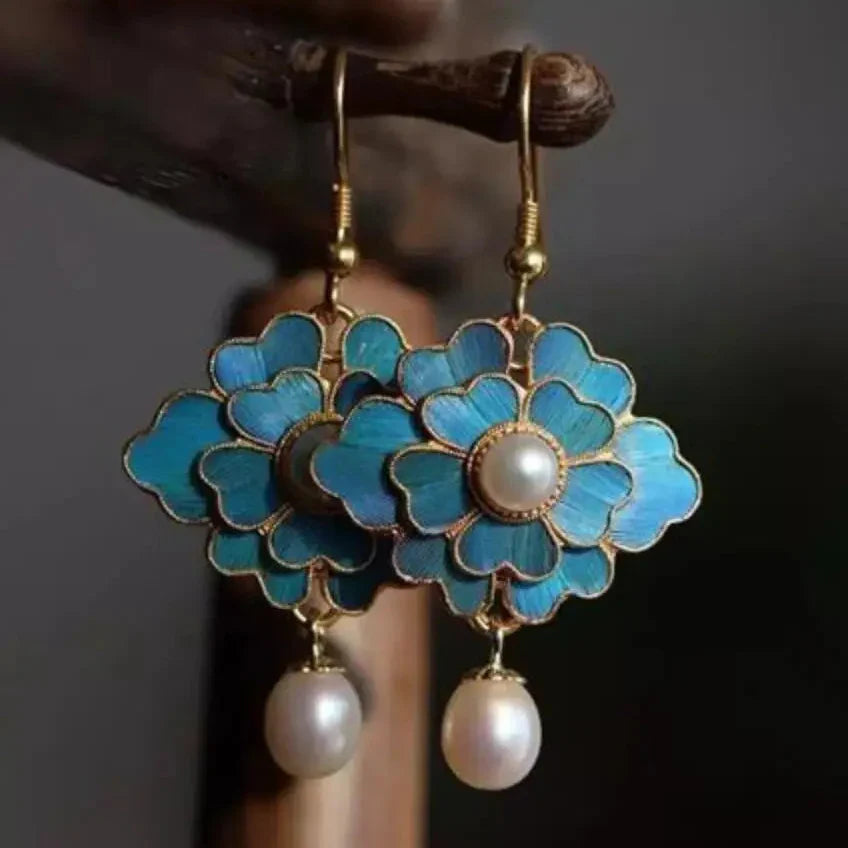 PENDIENTES VINTAGE AZUL ÉMAIL FLOR PERLA GOTA