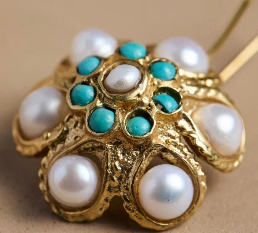 PENDIENTES VINTAGE PERLA & TURQUESA RACIMO