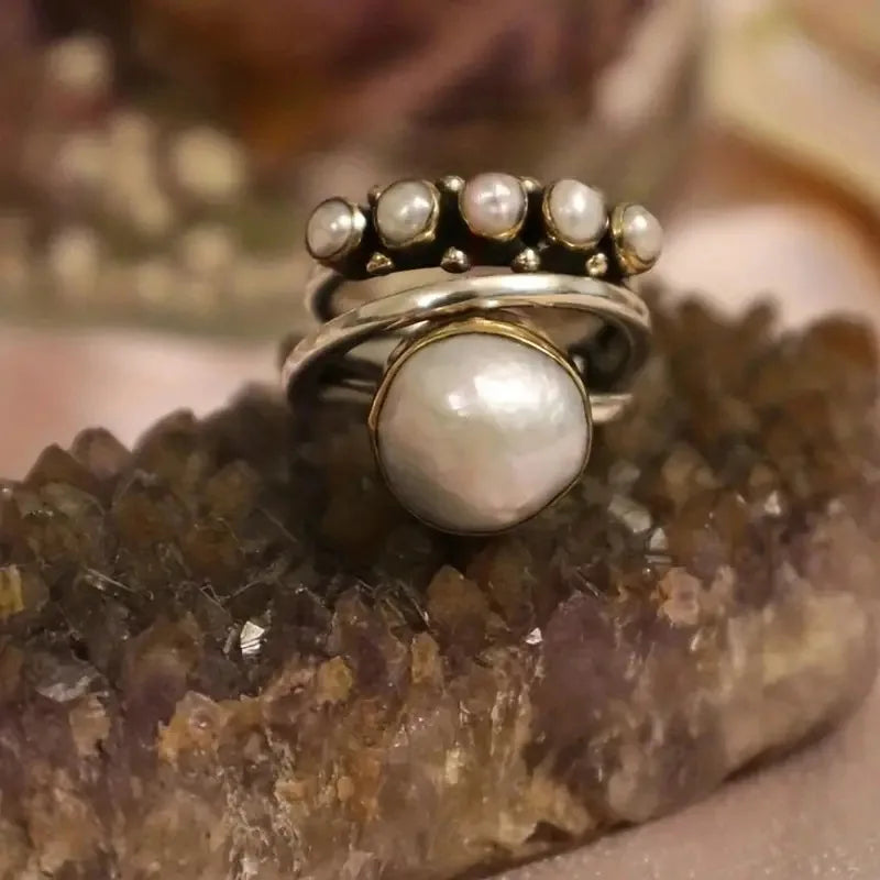 CONJUNTO PLATA PERLA À EMPILER ANILLO