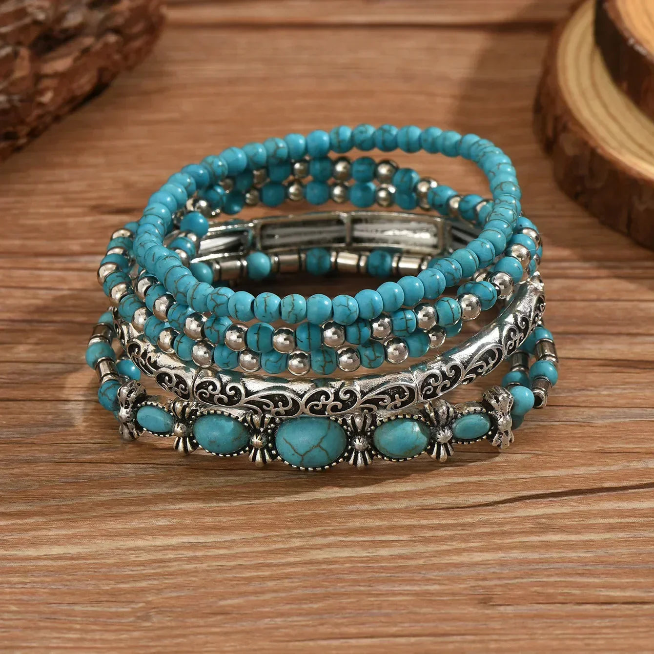 CONJUNTO BOHEMIO TURQUESA PERLÉ PULSERA