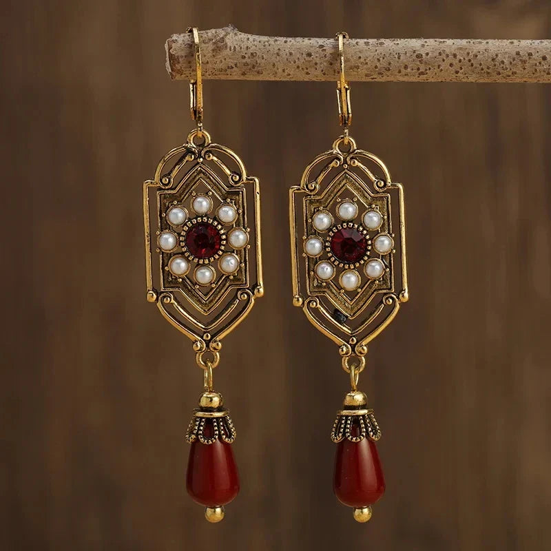 PENDIENTES ART DECO ORO GRANATE & PERLA GOTA