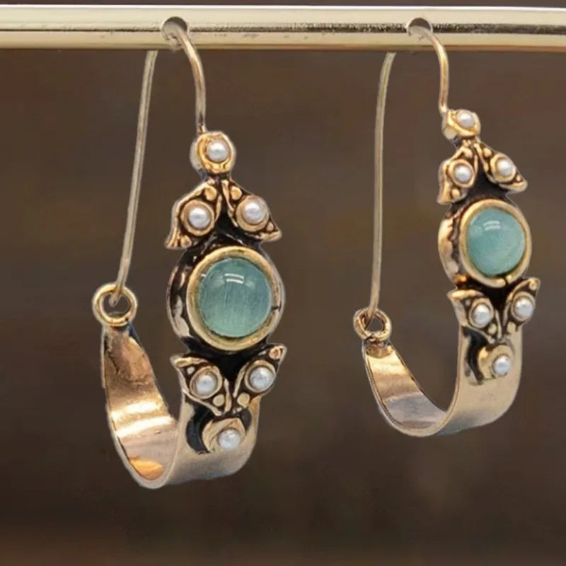 PENDIENTES VINTAGE MENTHE CABOCHON PERLA ARO