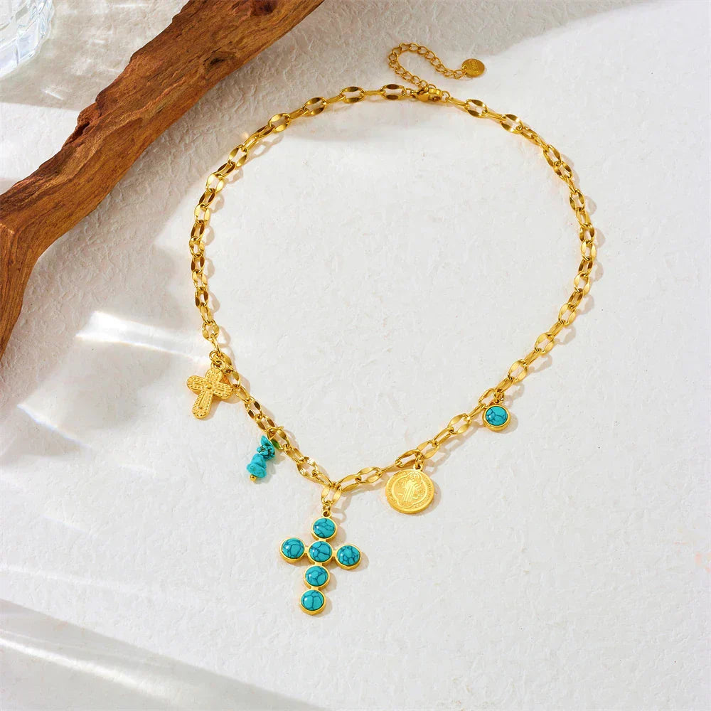 COLLAR EXCLUSIF INOXYDABLE ACIER TURQUESA CRUZ