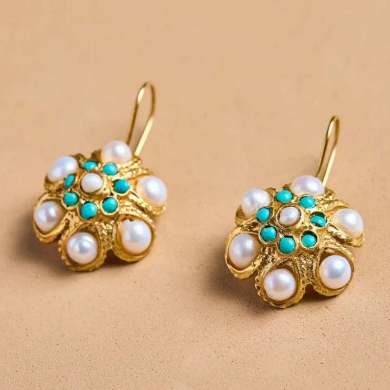 PENDIENTES VINTAGE PERLA & TURQUESA RACIMO