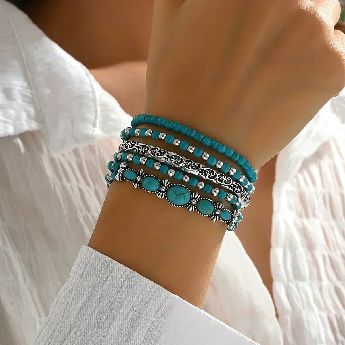 CONJUNTO BOHEMIO TURQUESA PERLÉ PULSERA