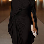 Pleated irregular drape slim-fit maxi dress