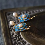 PENDIENTES VINTAGE AZUL ÉMAIL FLOR PERLA GOTA