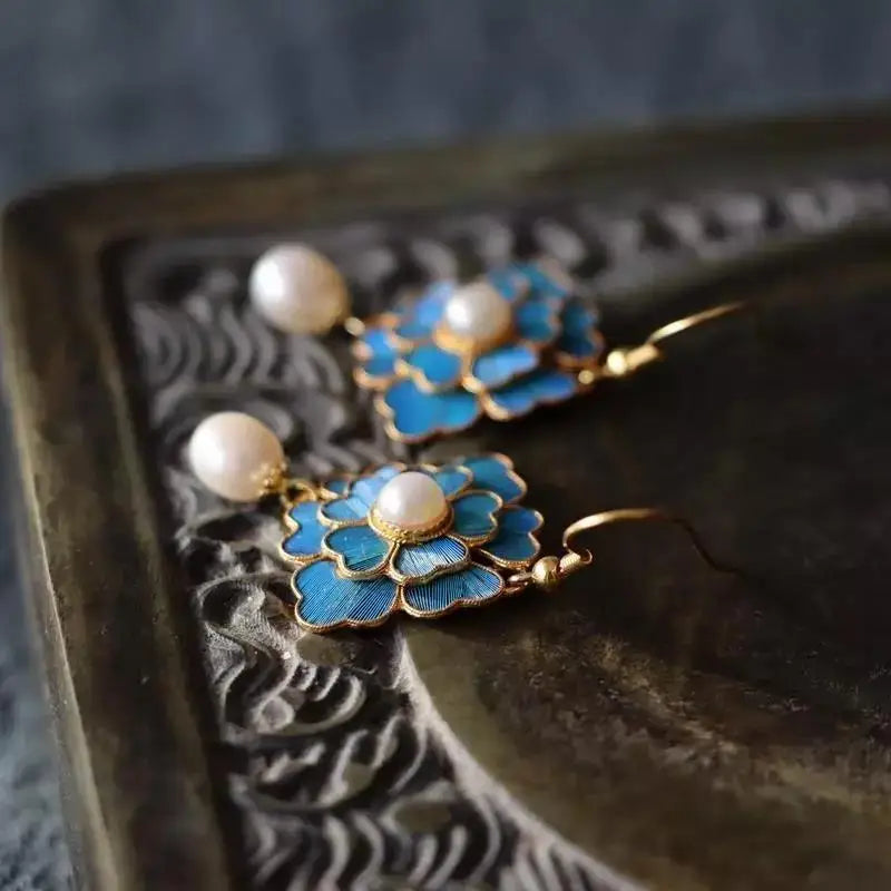 PENDIENTES VINTAGE AZUL ÉMAIL FLOR PERLA GOTA